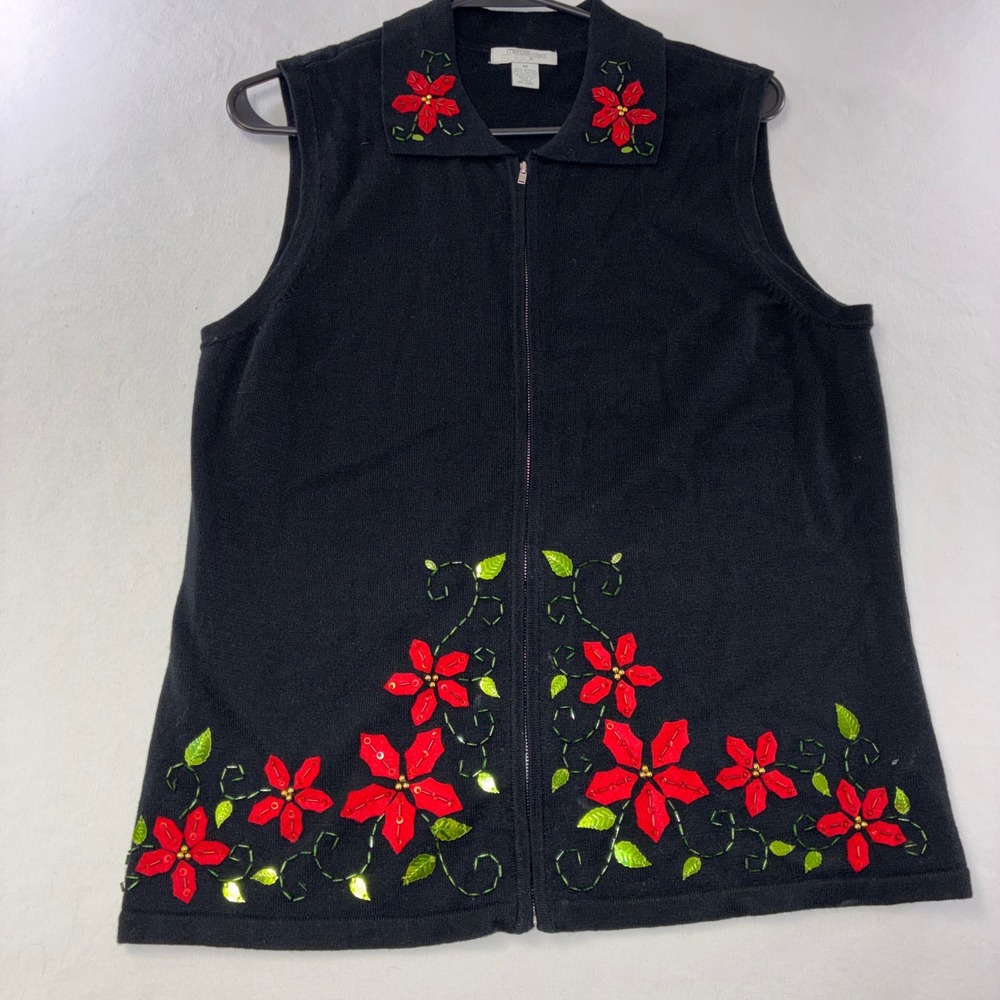 562 Holiday Mercer Street Studio Zip Vest M Black Poinsettia Floral Kitchy